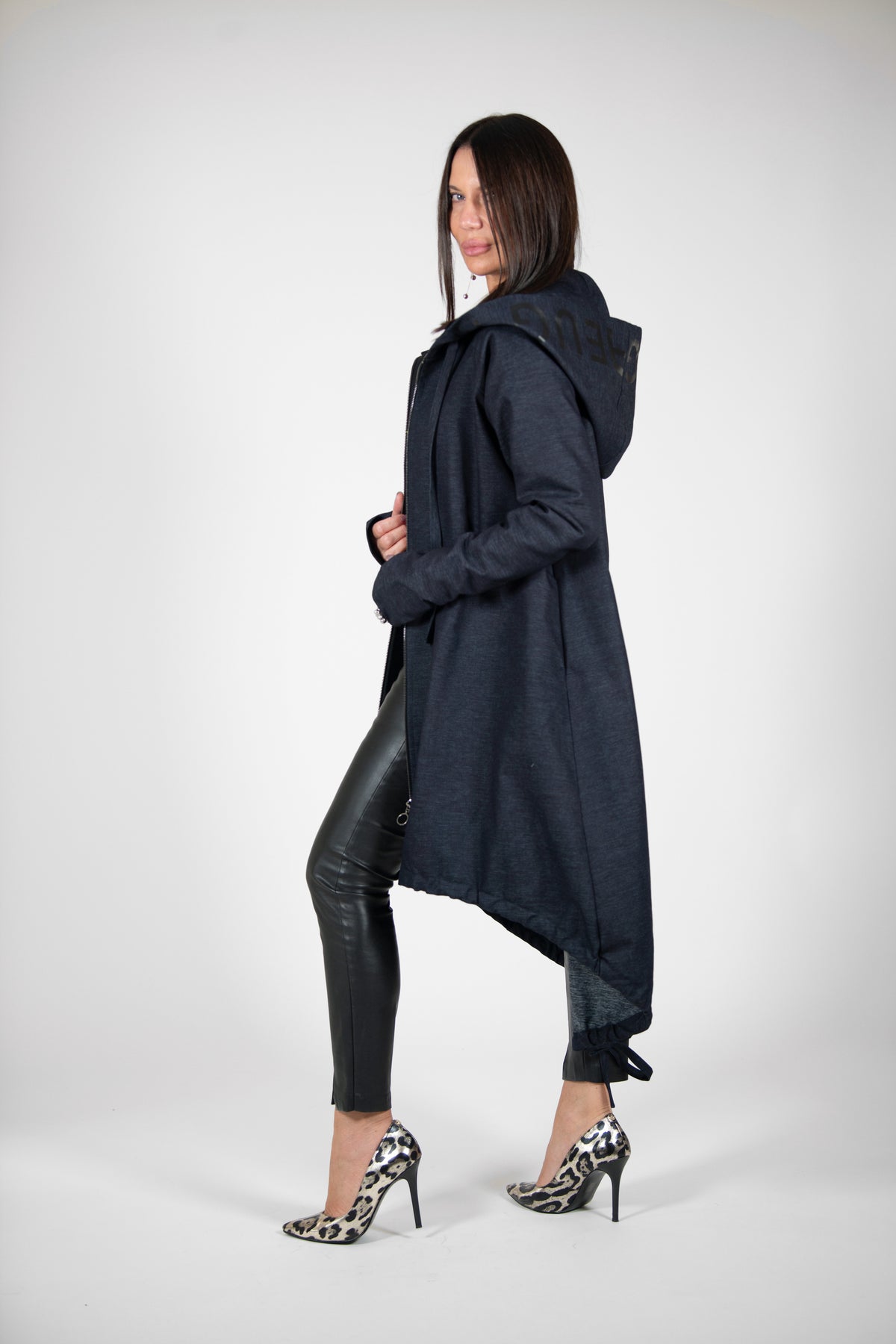 Navy denim hooded asymmetric jacket Sydney with zip and drawstring hem - EUG Fashion #navy
