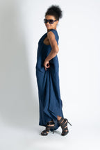 Navy Blue Linen One Shoulder Dress TIFFANY - EUG Fashion