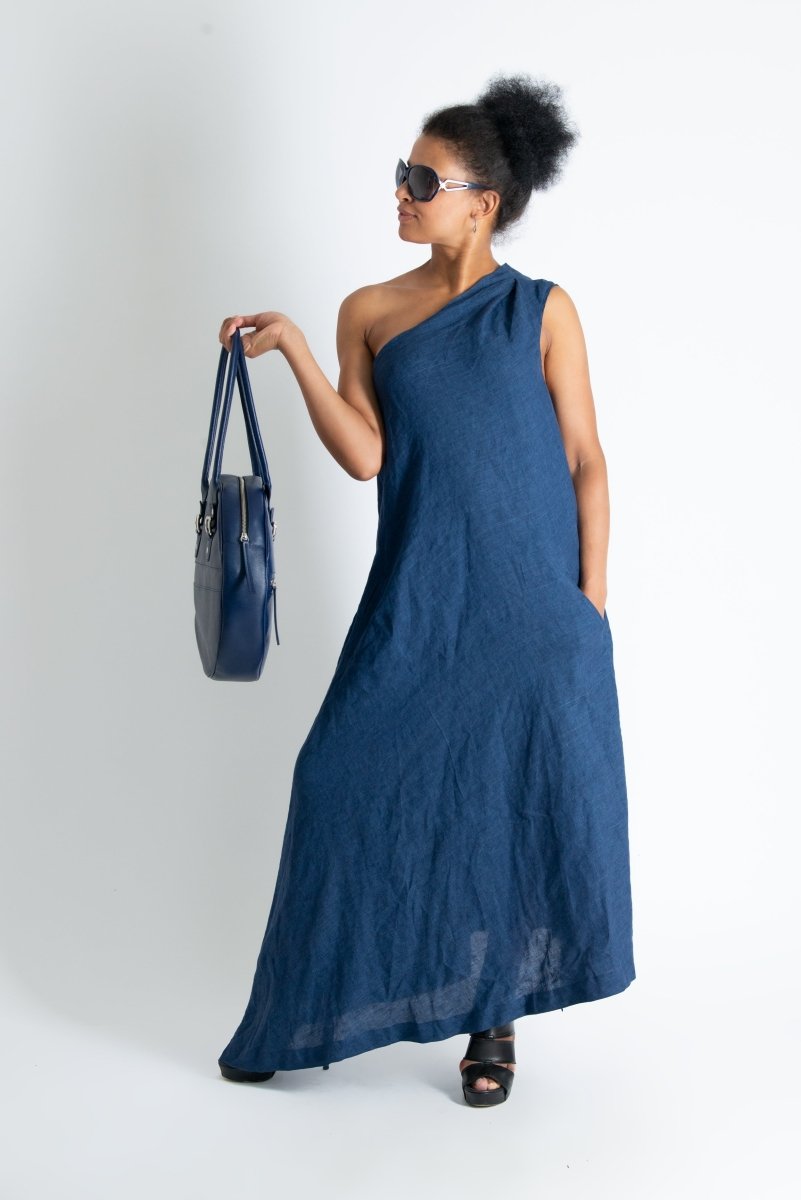 Navy Blue Linen One Shoulder Dress TIFFANY - EUG Fashion