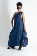 Navy Blue Linen One Shoulder Dress TIFFANY - EUG Fashion