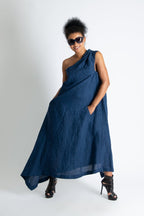 Navy Blue Linen One Shoulder Dress TIFFANY - EUG Fashion