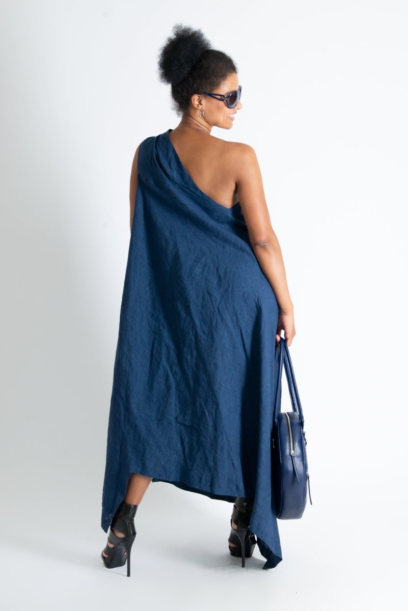 Navy Blue Linen One Shoulder Dress TIFFANY - EUG Fashion