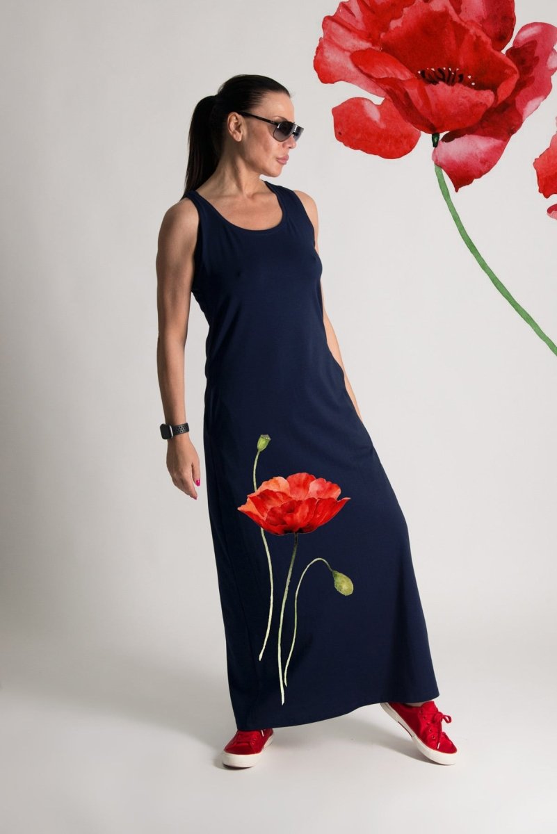 Navy Blue Poppies Jersey Dress MIKAELA SALE - EUG Fashion EugFashion 