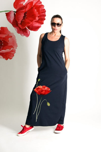 Navy Blue Poppies Jersey Dress MIKAELA SALE - EUG Fashion EugFashion 