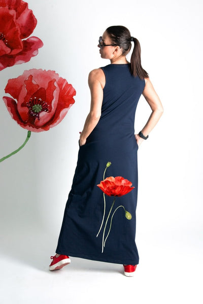 Navy Blue Poppies Jersey Dress MIKAELA SALE - EUG Fashion EugFashion 