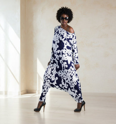 Navy Floral Harem Jumpsuit Long Sleeve Marla - EUG Fashion EugFashion 