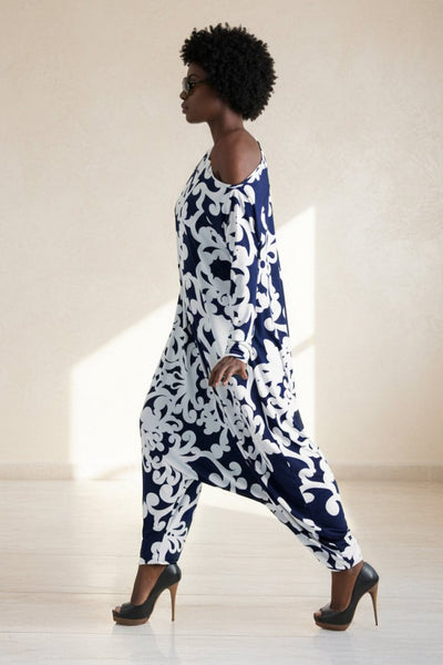 Navy Floral Harem Jumpsuit Long Sleeve Marla - EUG Fashion EugFashion 