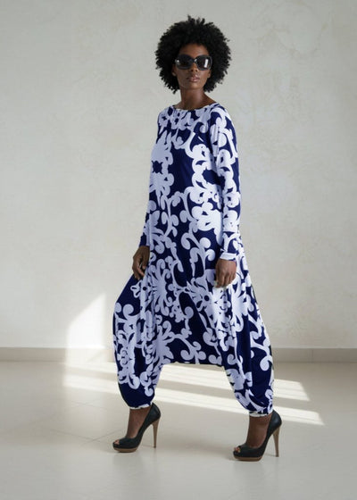 Navy Floral Harem Jumpsuit Long Sleeve Marla - EUG Fashion EugFashion 