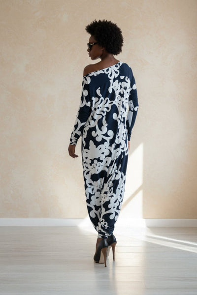 Navy Floral Harem Jumpsuit Long Sleeve Marla - EUG Fashion EugFashion 