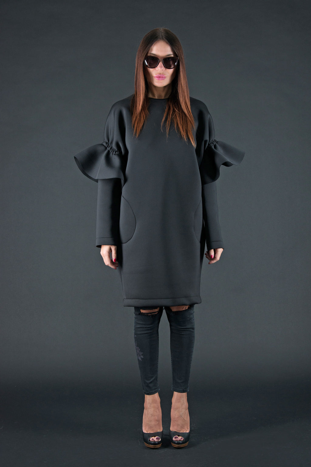 Black neoprene knee-length dress Ester - EUG Fashion #black
