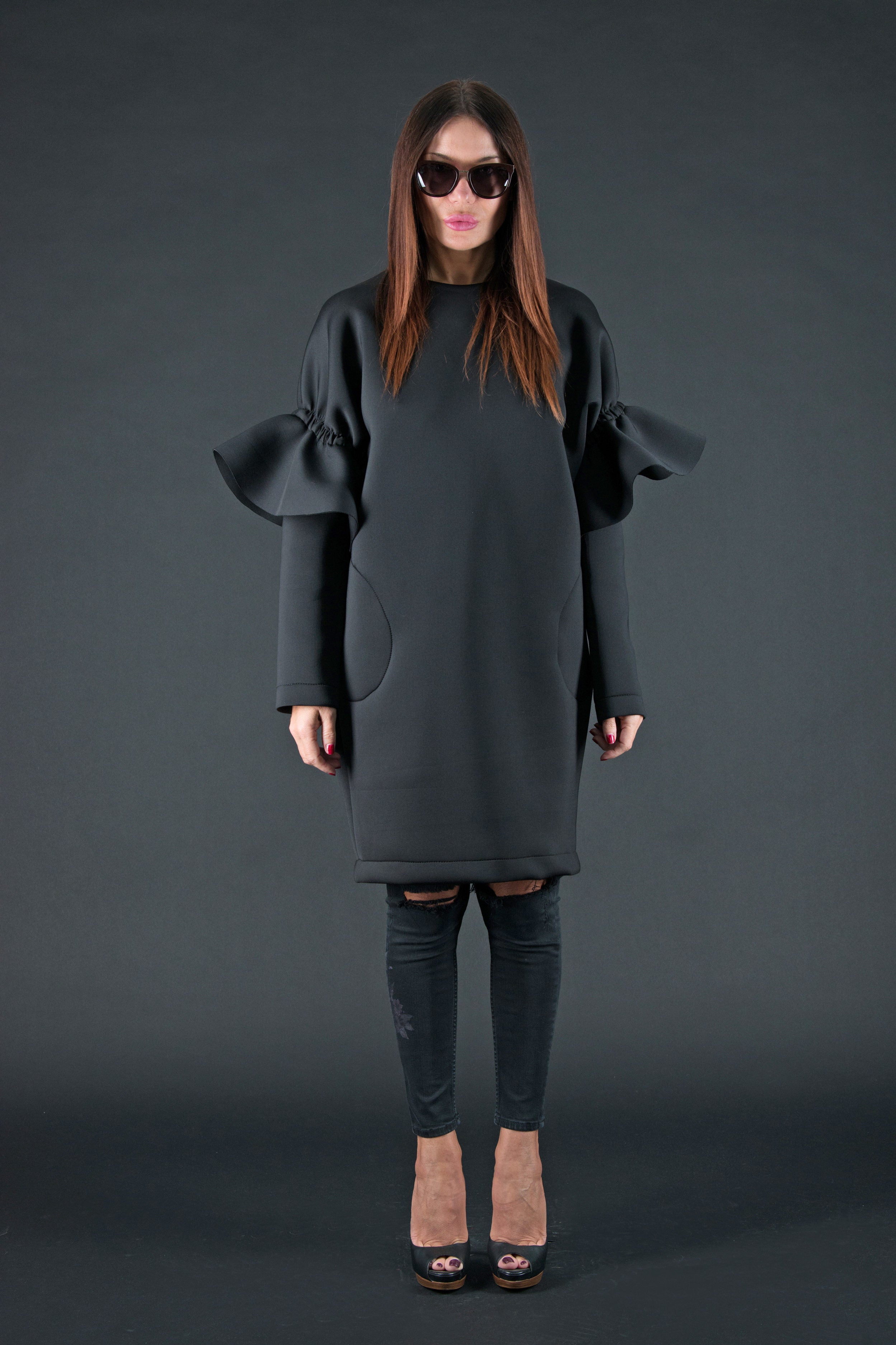 Black neoprene knee-length dress Ester - EUG Fashion #black
