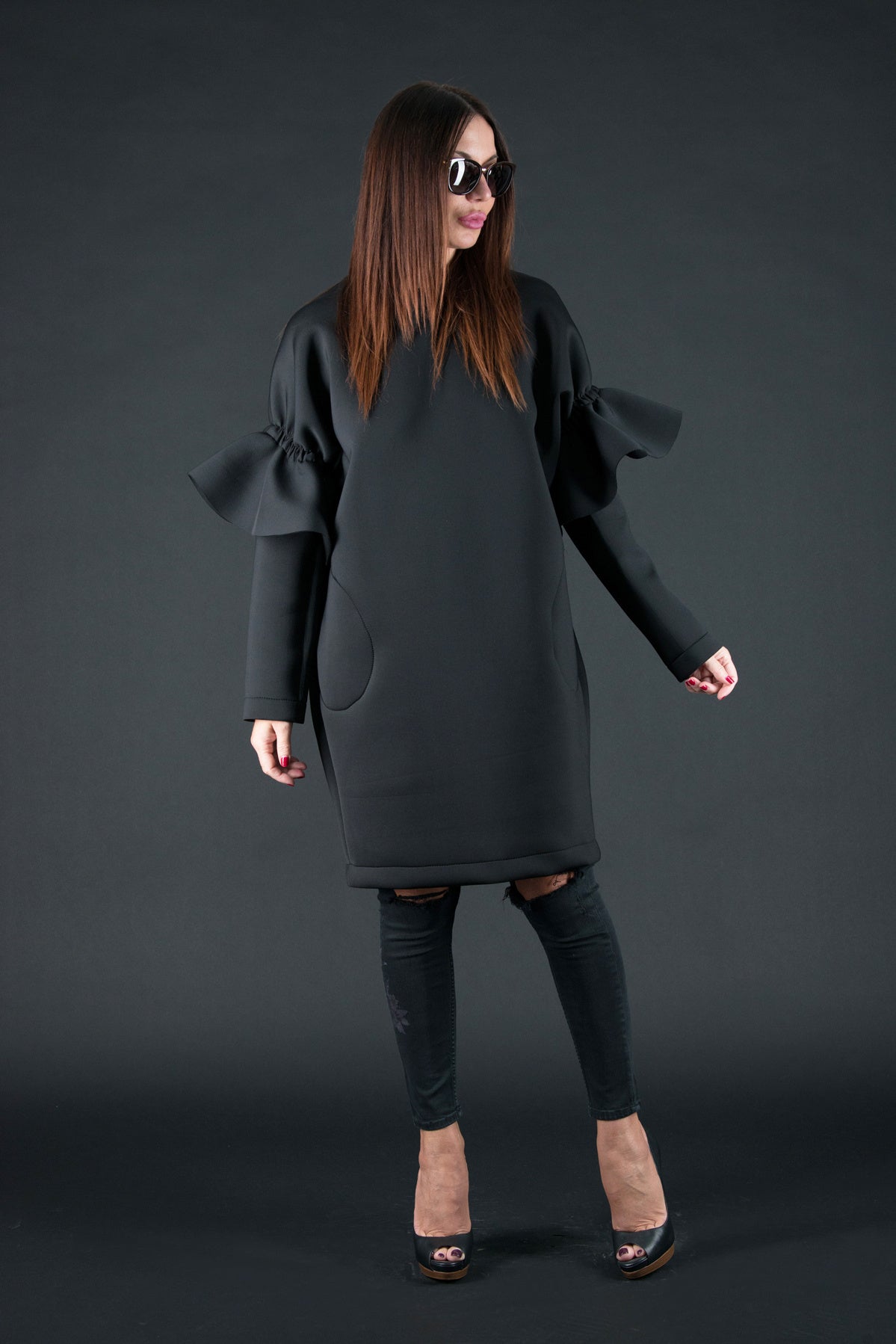 Black neoprene knee-length dress Ester - EUG Fashion #black
