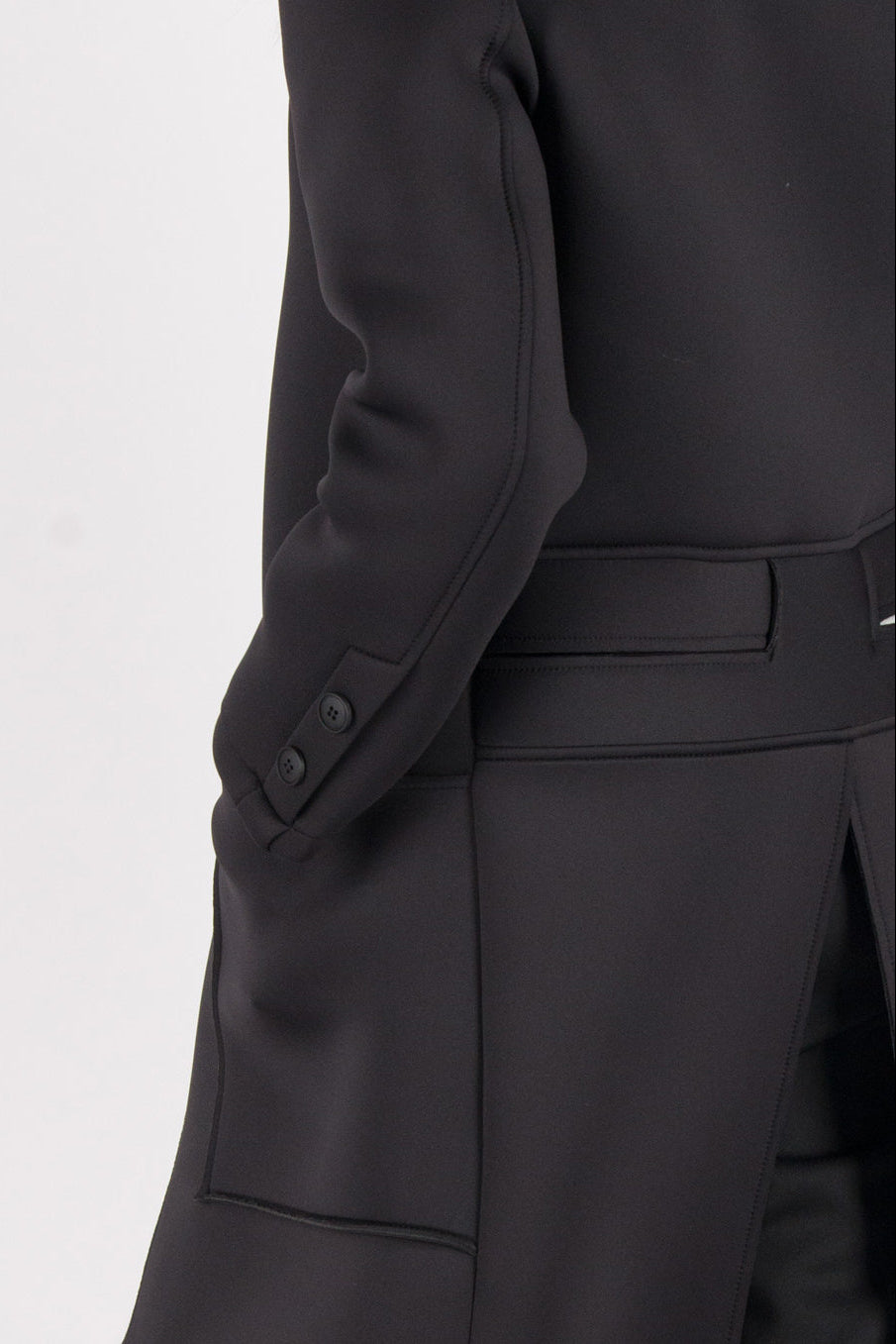 Black neoprene long asymmetric jacket Emma with print - EUG Fashion #black
