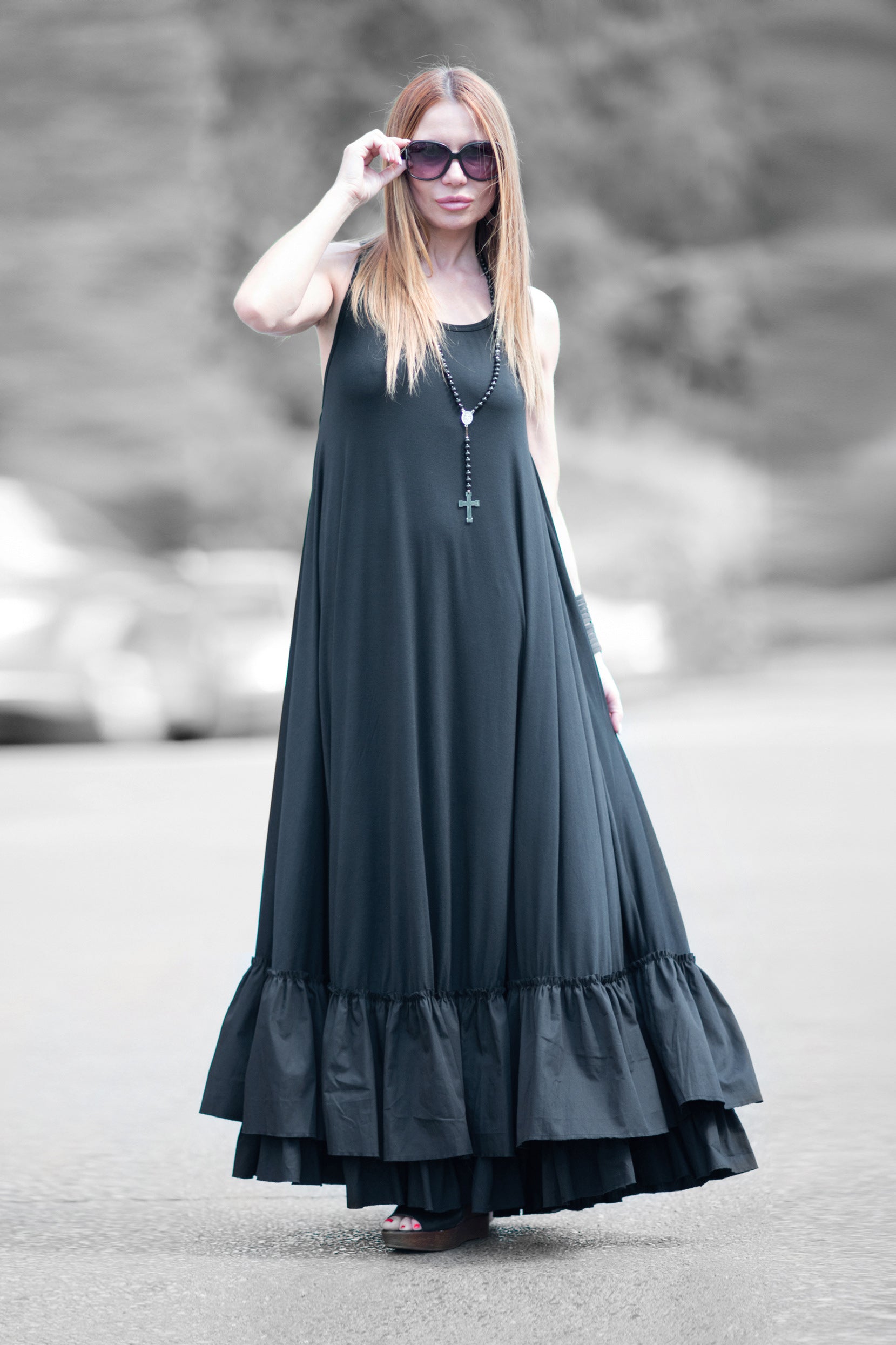 jersey long flounces dress #back