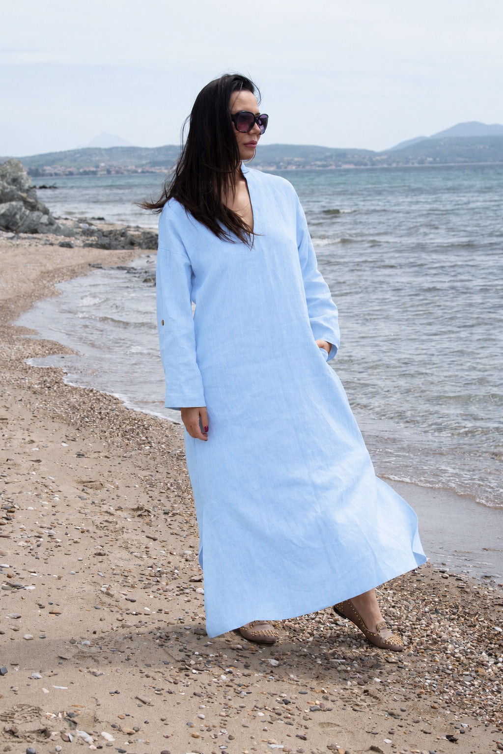 Linen long boho dress - EUG fashion #light-blue