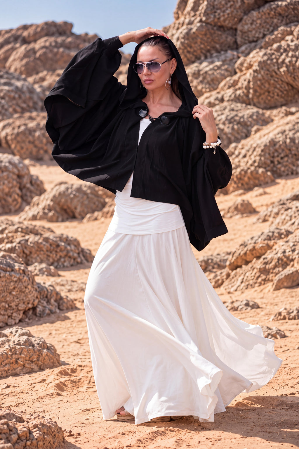 Black short cotton viscose bolero with matching hood and very wide sleeves - lightweight cape, Anastasia | EUG Fashion #black
