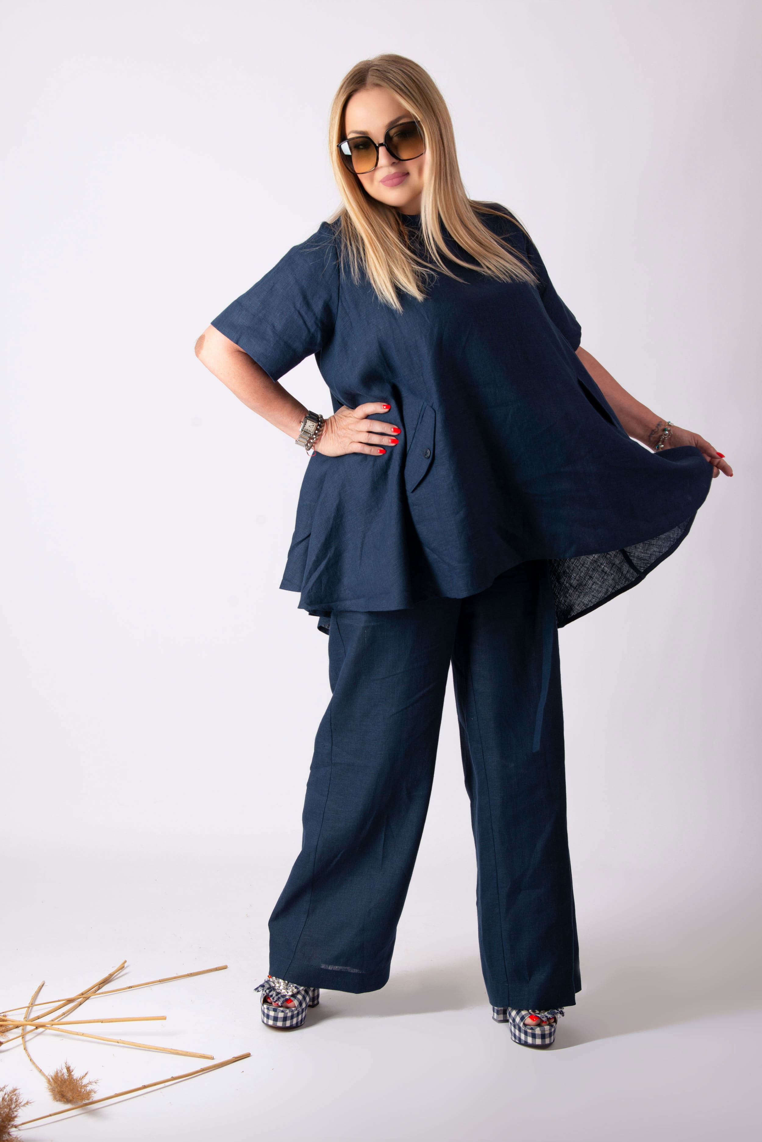 Linen outfit pants and tunic - EUG fashion #dark-blue