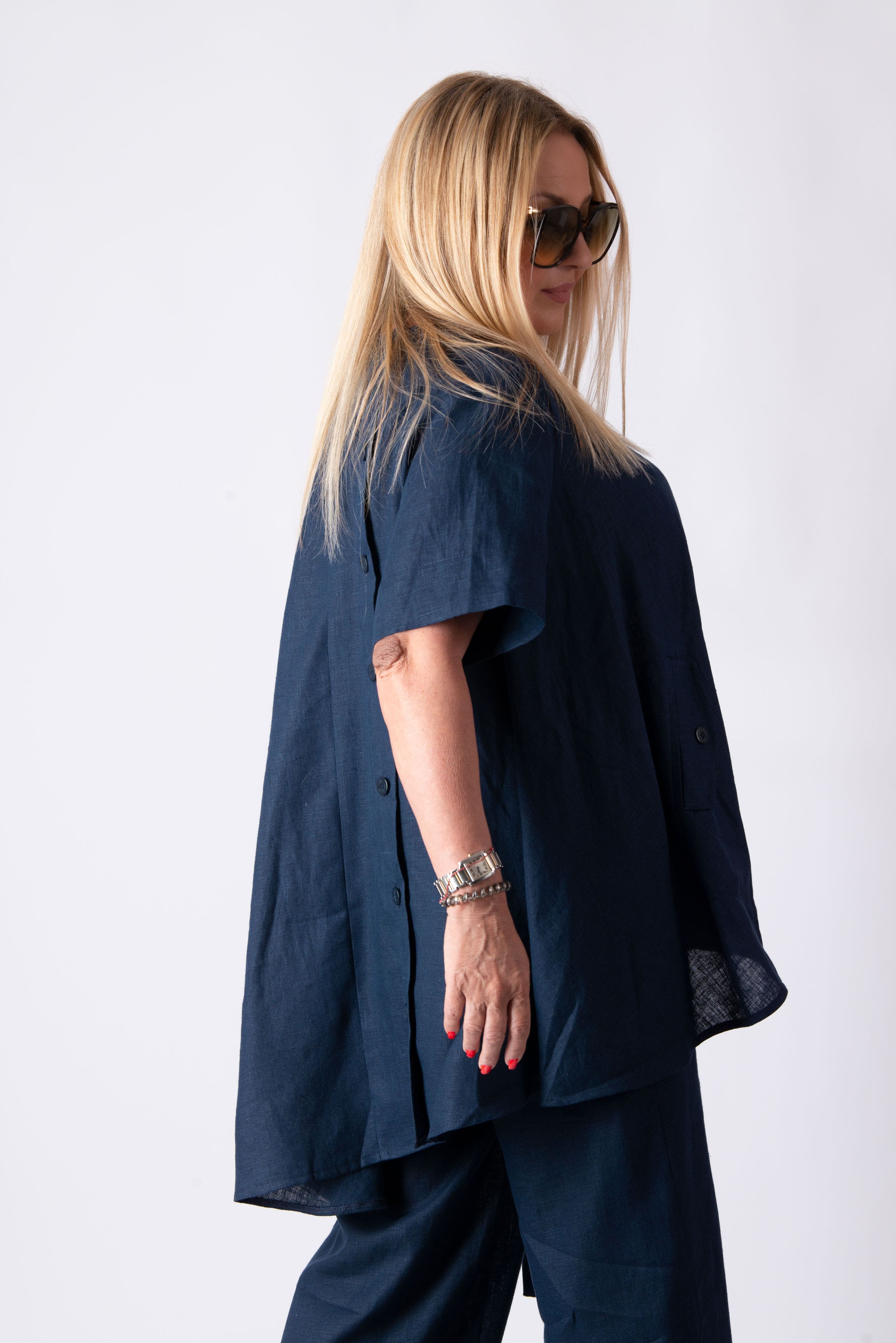 Linen outfit pants and tunic - EUG fashion #dark-blue