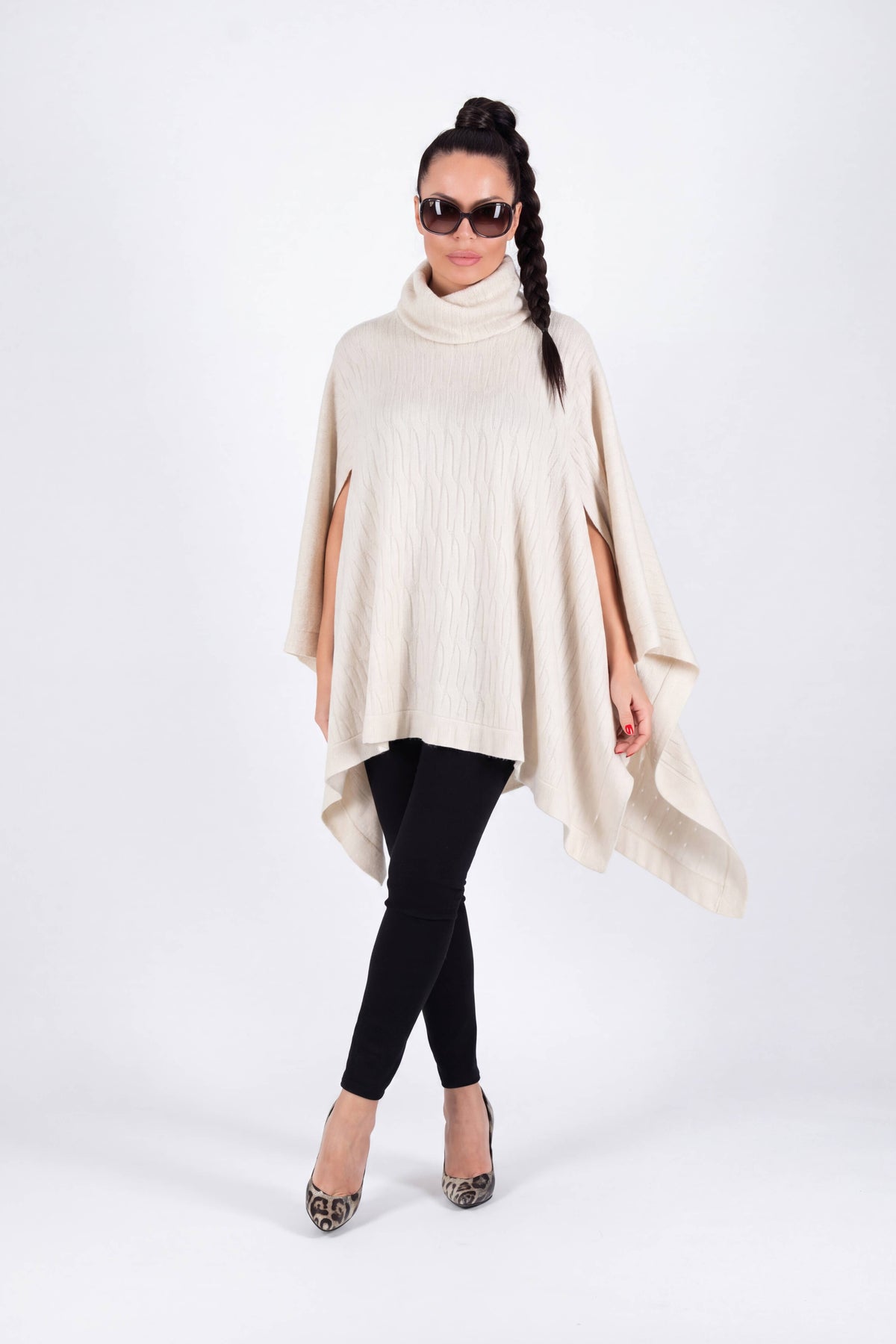 Off-white warm patterned knit poncho with turtleneck and arm openings - elegant over dresses, Eva | EUG Fashion #off-white
