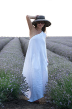 off shoulders white linen dress tiffany