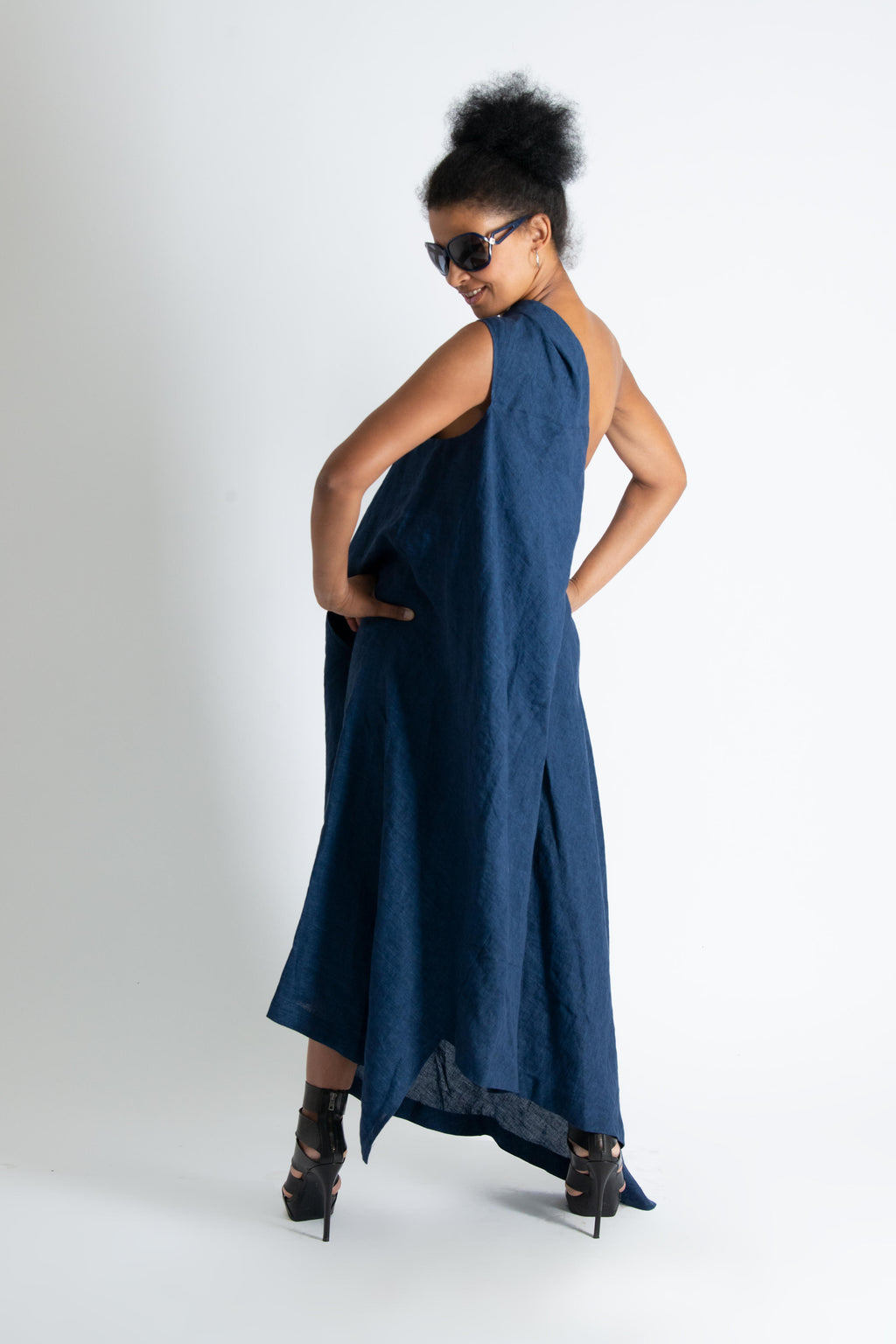 one shoulder linen dress #navy
