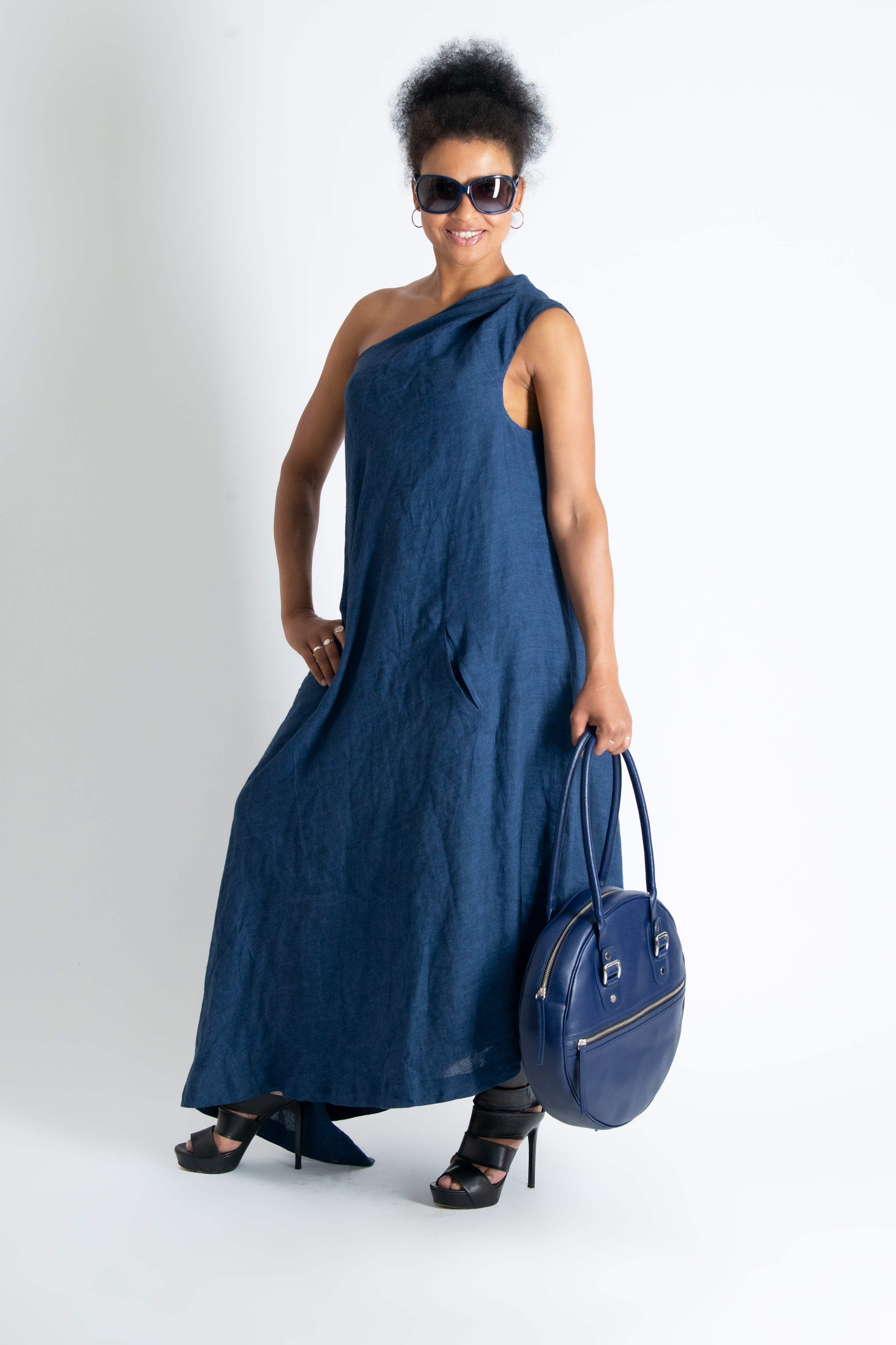 one shoulder linen dress #navy
