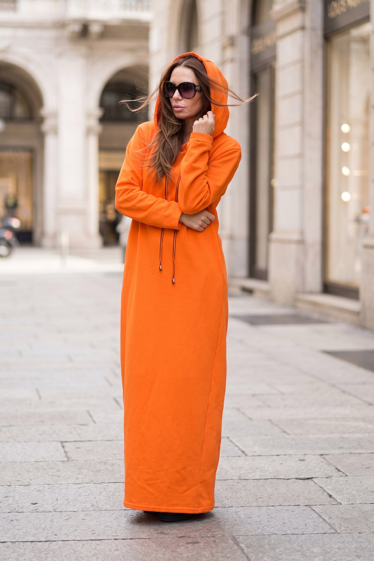 Orange hooded maxi dress Iren cotton terry with side pockets - EUG Fashion #orange
