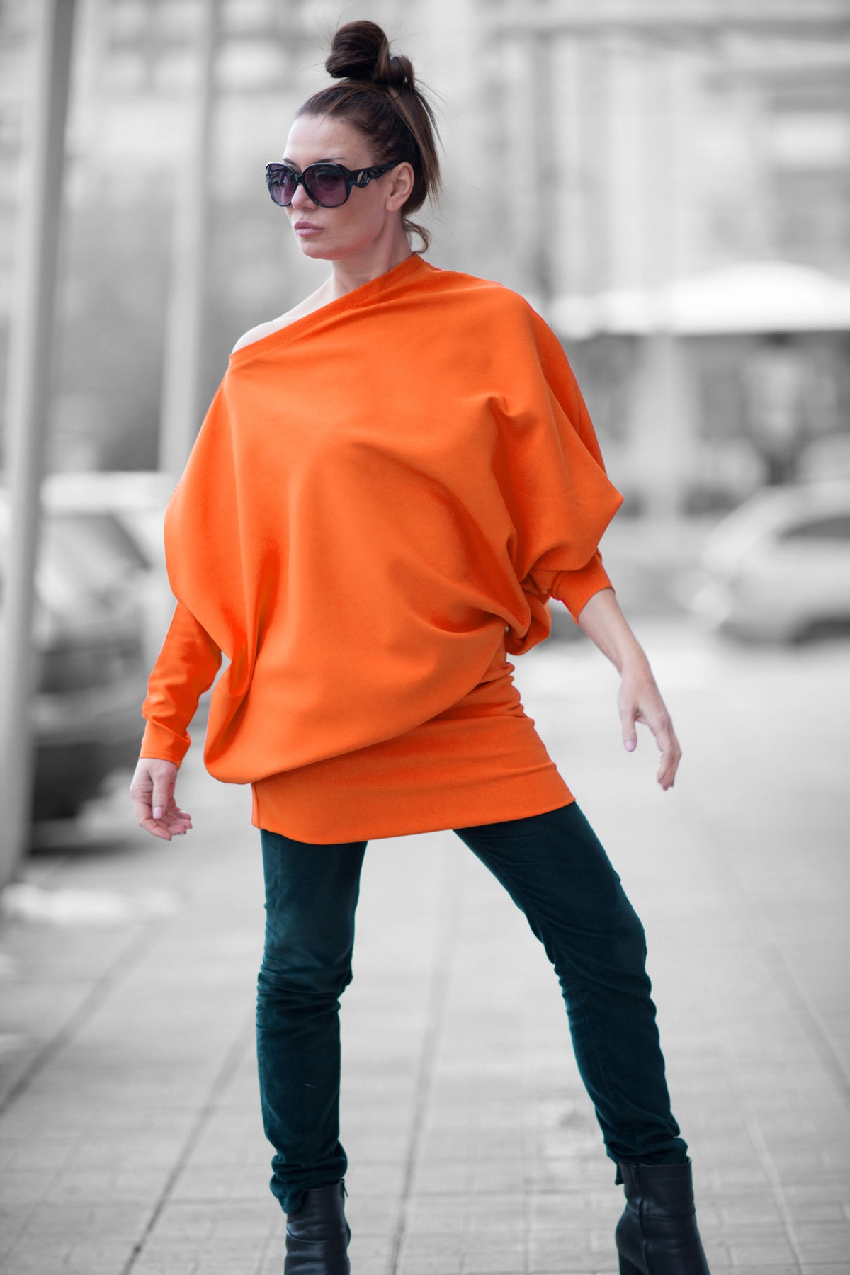 Orange dolman sleeve dress Camel with wide top and fitted skirt - EUG Fashion #orange
