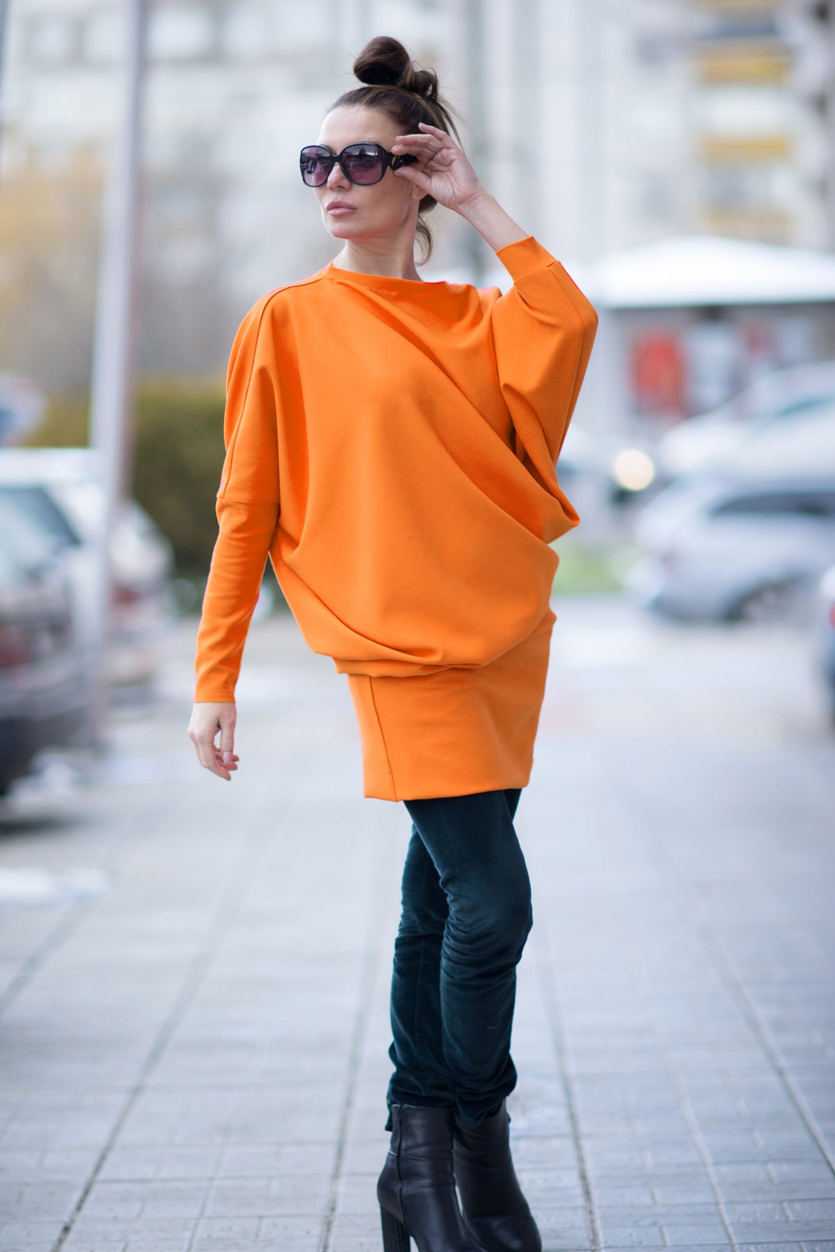 Orange dolman sleeve dress Camel with wide top and fitted skirt - EUG Fashion #orange
