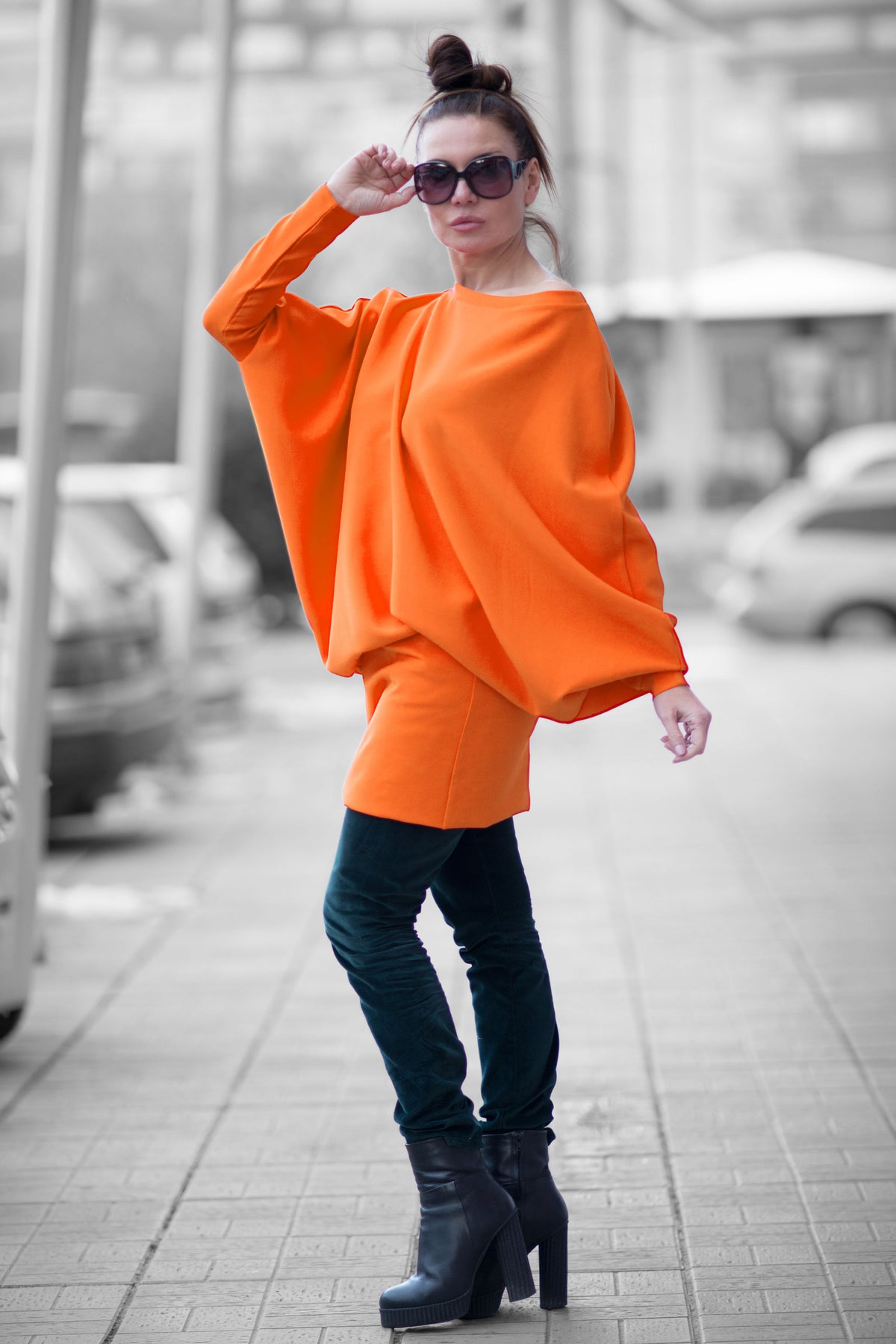 Orange dolman sleeve dress Camel with wide top and fitted skirt - EUG Fashion #orange
