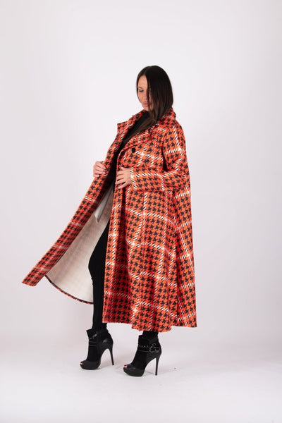 Orange Houndstooth Long Coat Kiara – Final Sale - EUG Fashion EugFashion 