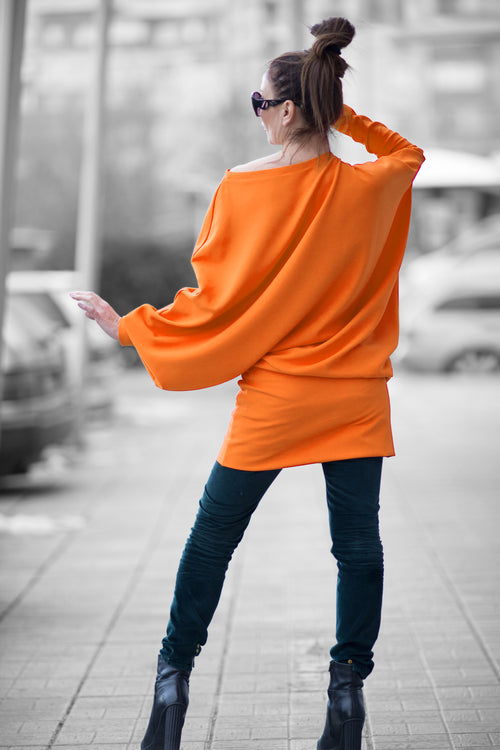 Orange dolman sleeve dress Camel with wide top and fitted skirt - EUG Fashion #orange
