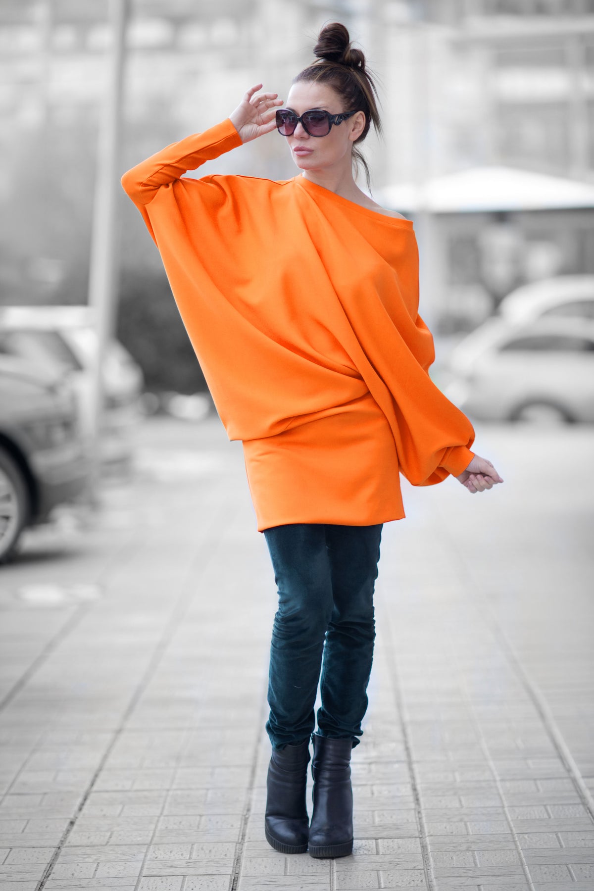 Orange dolman sleeve dress Camel with wide top and fitted skirt - EUG Fashion #orange

