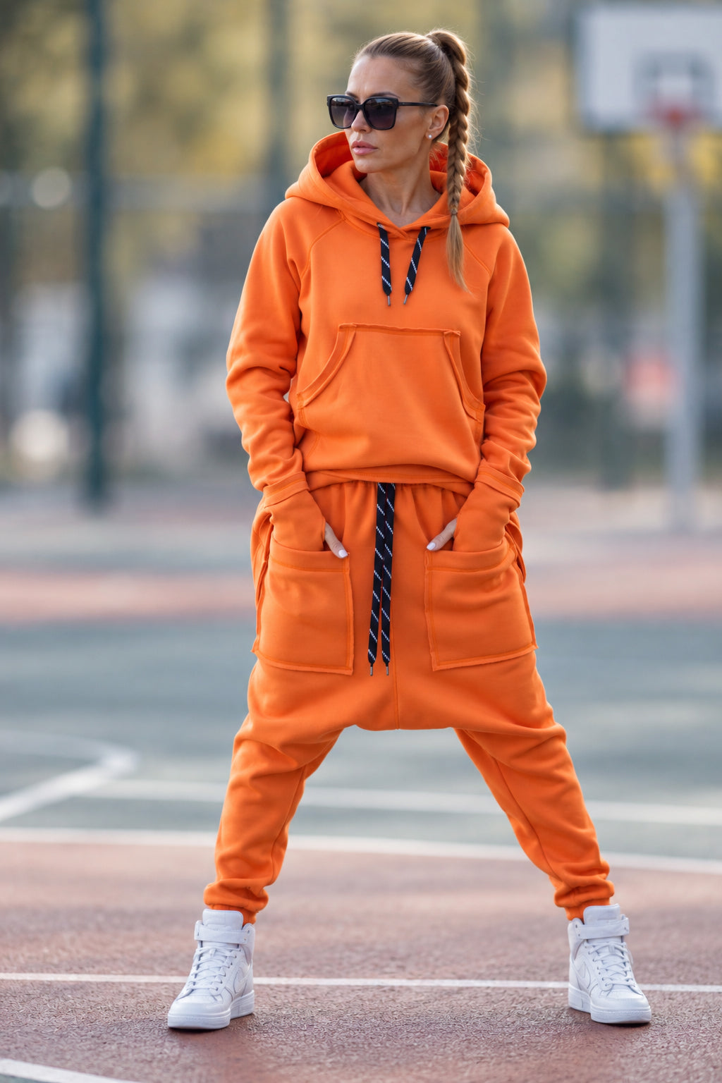 Orange cotton tracksuit with oversized hoodie and harem trousers - relaxed comfortable fit, Megan | EUG Fashion #orange