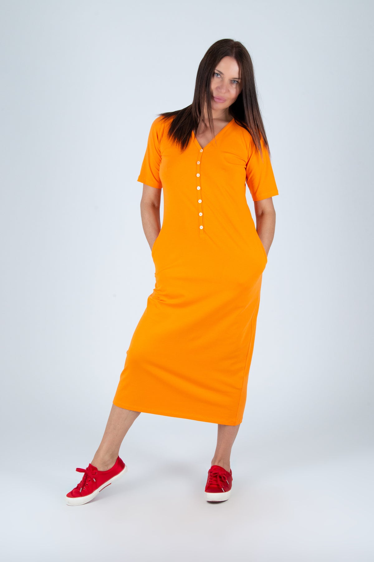 orange long v neck dress #orange