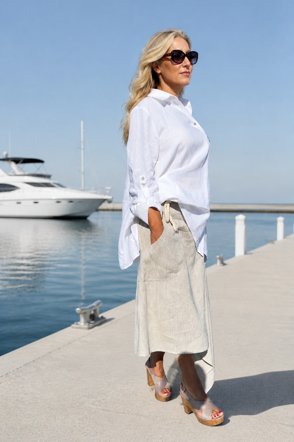Woman in a white shirt and beige skirt standing by a marina with a yacht in the background.