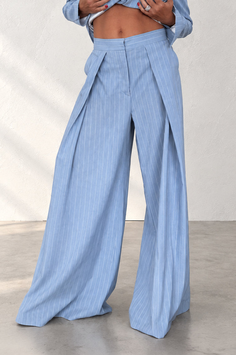 Women's light blue and white striped two-piece suit - fitted blazer and wide-leg trousers, Sandy | EUG Fashion