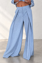Women's light blue and white striped two-piece suit - fitted blazer and wide-leg trousers, Sandy | EUG Fashion