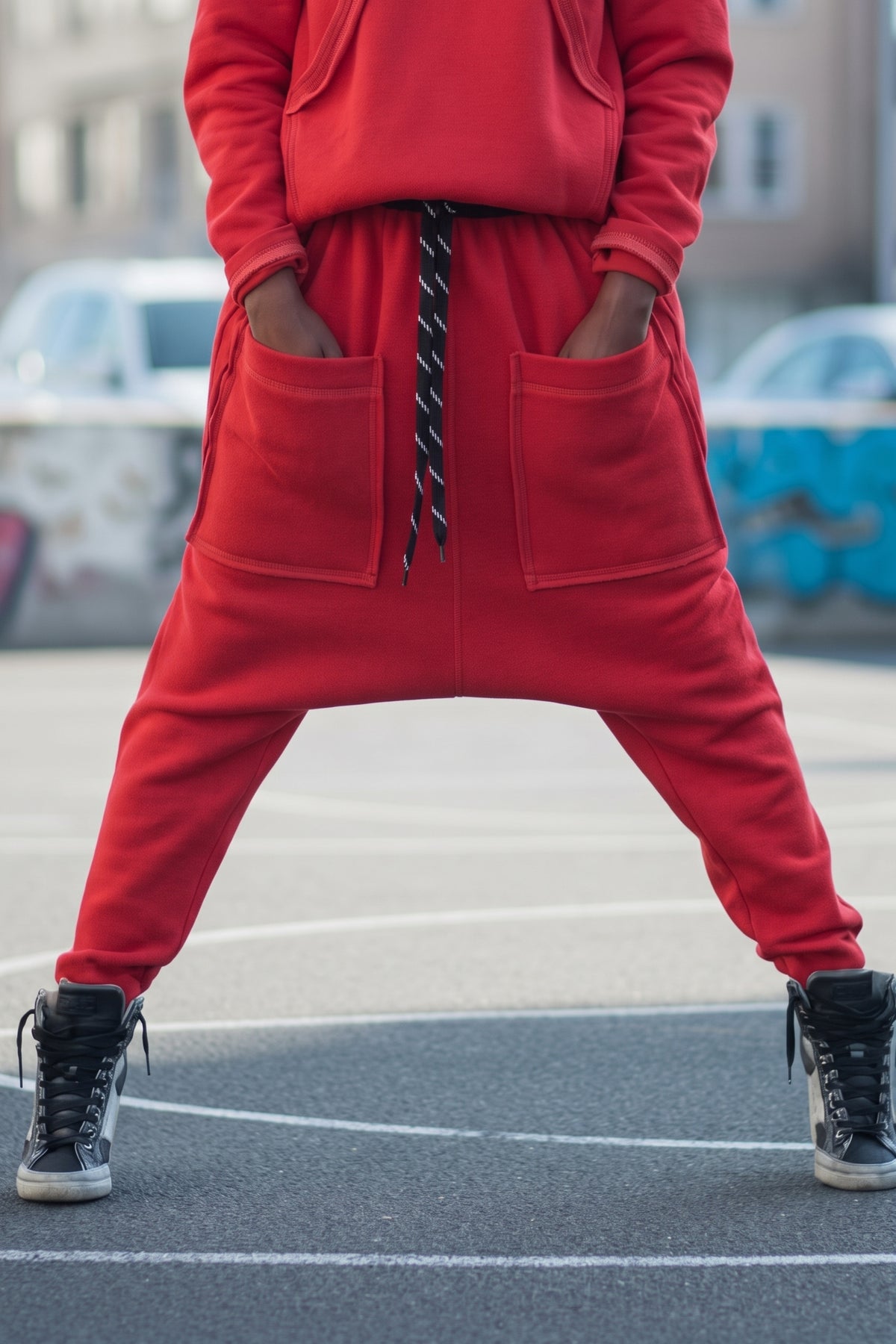 Red hooded top with kangaroo pocket and asymmetric raw edges - warm cotton wadding, Megan | EUG Fashion #red