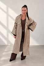 Brown houndstooth wool coat with shawl collar and waist belt - long silhouette, no lining, Ofelia | EUG Fashion #brown
