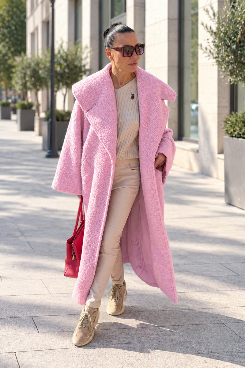 Light lilac-pink winter coat - oversized fit, wide shawl collar and full lining, SIRI | EUG Fashion #baby-pink