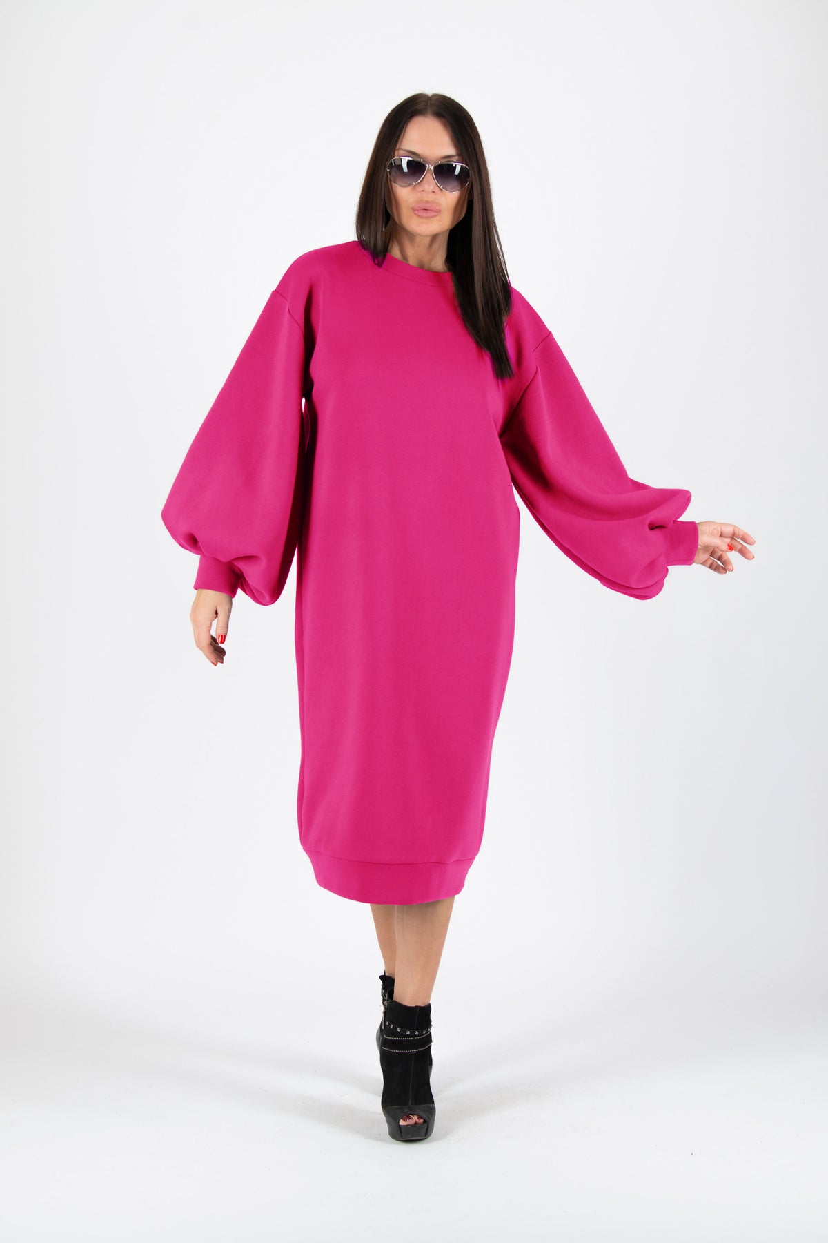 Hot pink wadded cotton sweatshirt dress with bishop sleeves and side pockets - wide long silhouette, Karina | EUG Fashion #hot-pink
