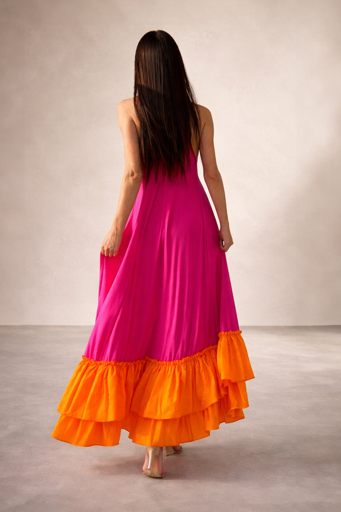 jersey long flounces dress - #hot-pink