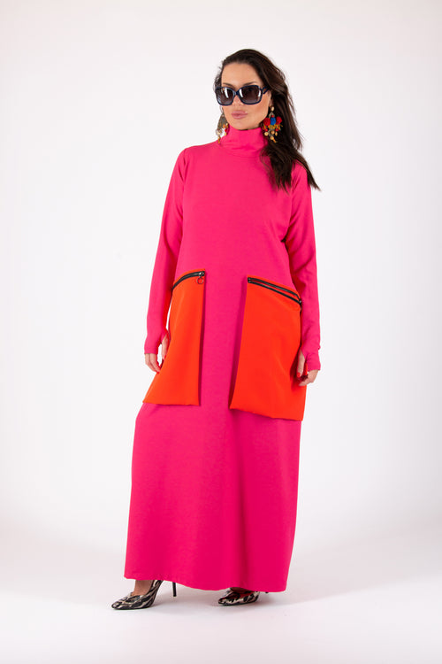 Hot pink colorblock punto milano dress Lena with black back and orange pockets - EUG Fashion #hot-pink
