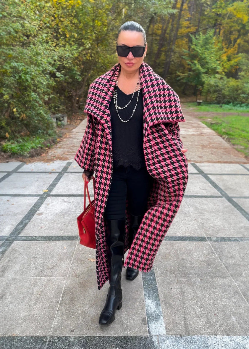 Pink Houndstooth Coat OFELIA - EUG Fashion