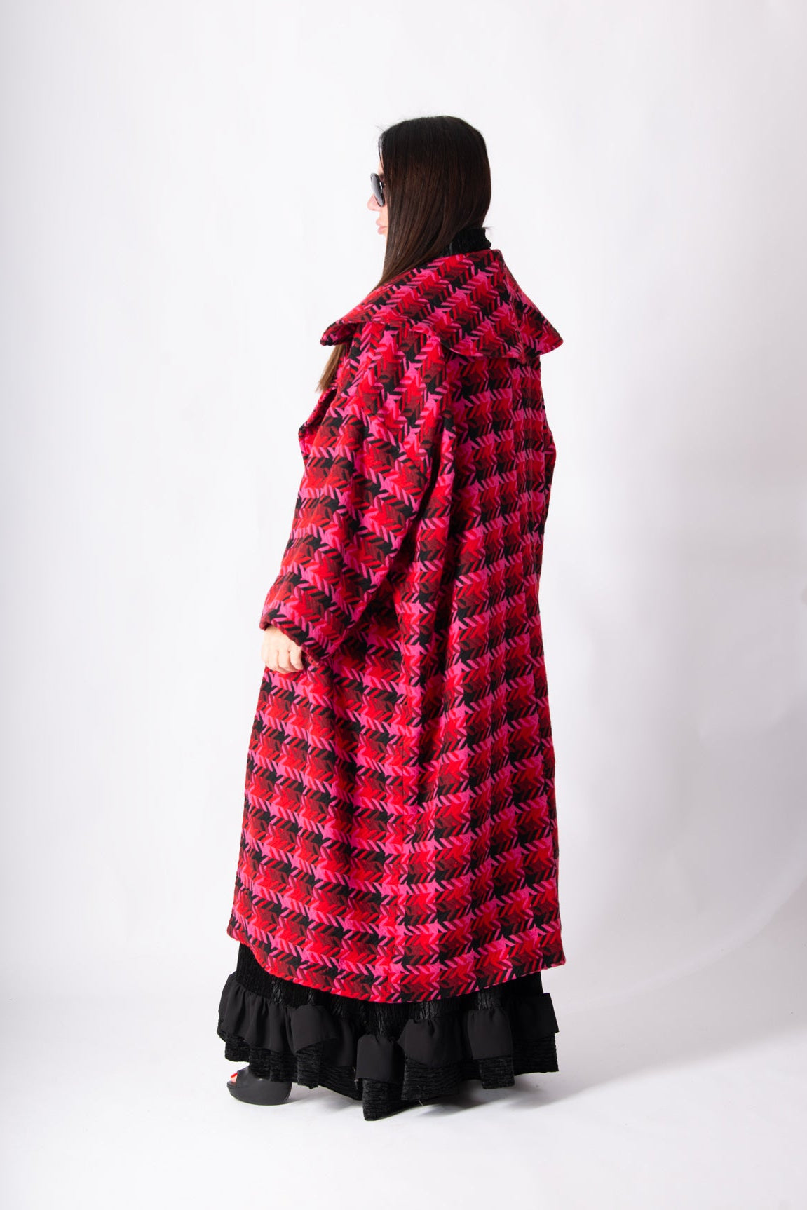 Hot pink houndstooth cape coat Siri with shawl collar - EUG Fashion #hot-pink
