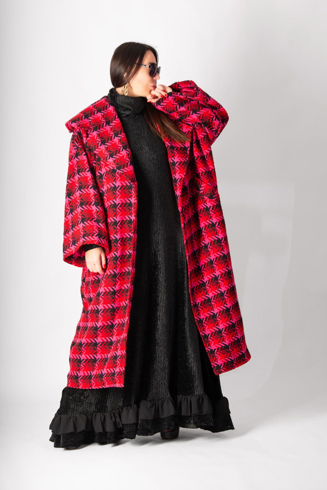 Hot pink houndstooth cape coat Siri with shawl collar - EUG Fashion #hot-pink
