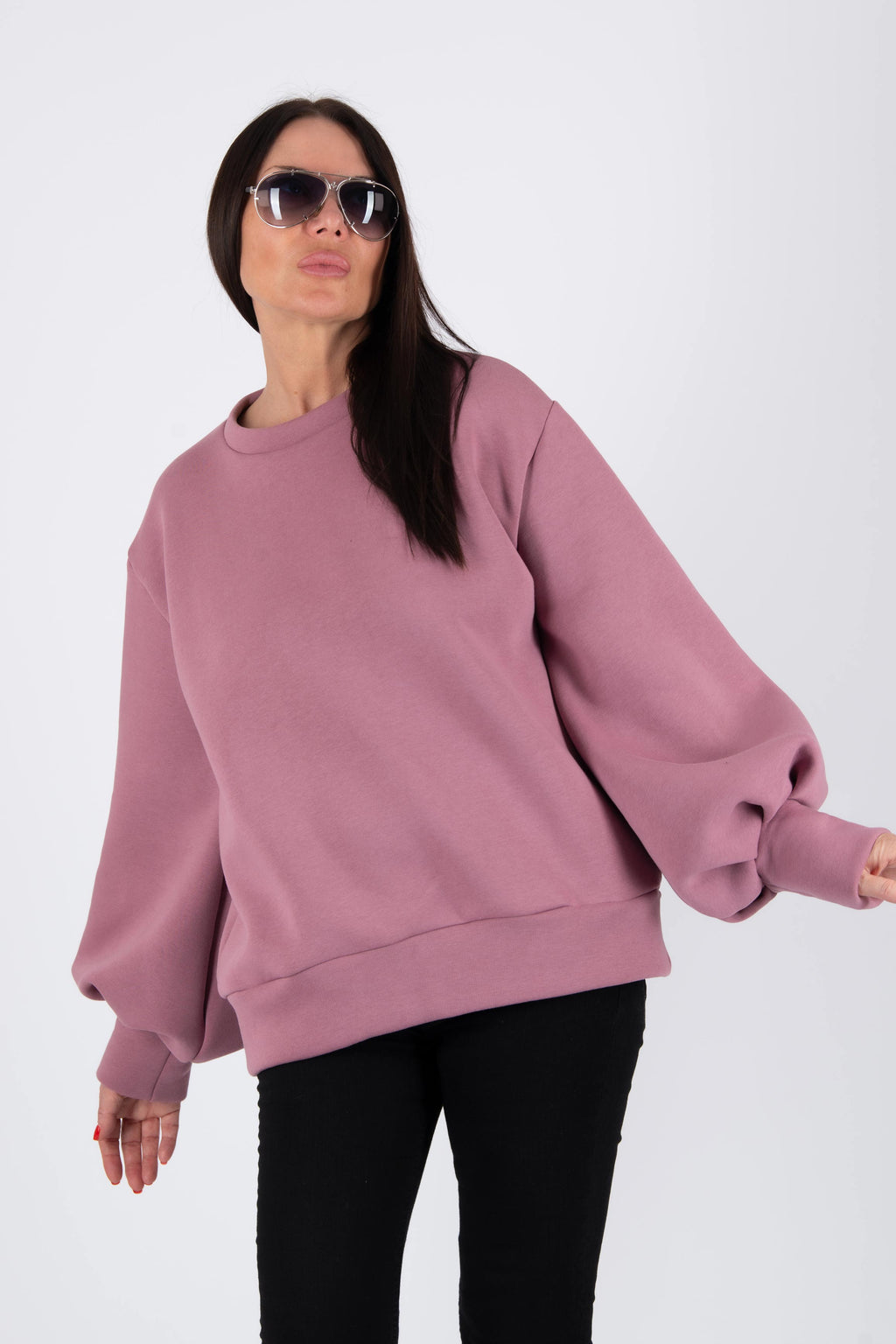 Ash Pink cotton fleece sweatshirt - puff sleeves, round neckline and back cut-out, Anji | EUG Fashion #ash-pink