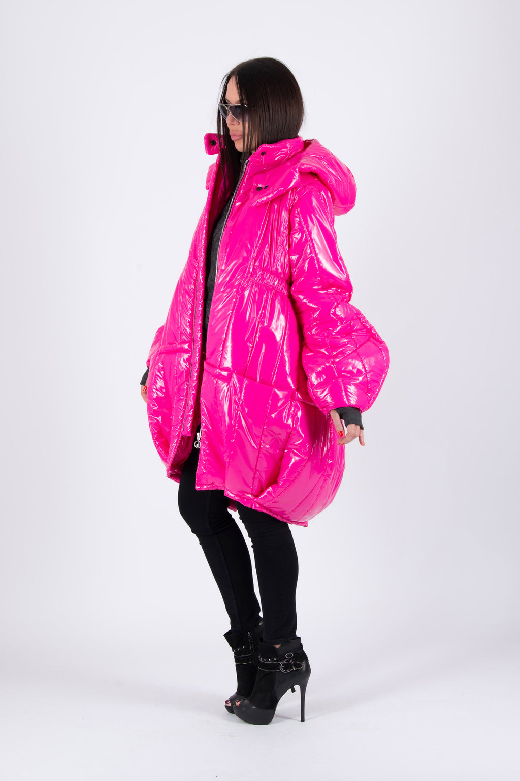Cyclamen barrel puffer jacket Donna with hood and zip pockets - EUG Fashion #hot-pink
