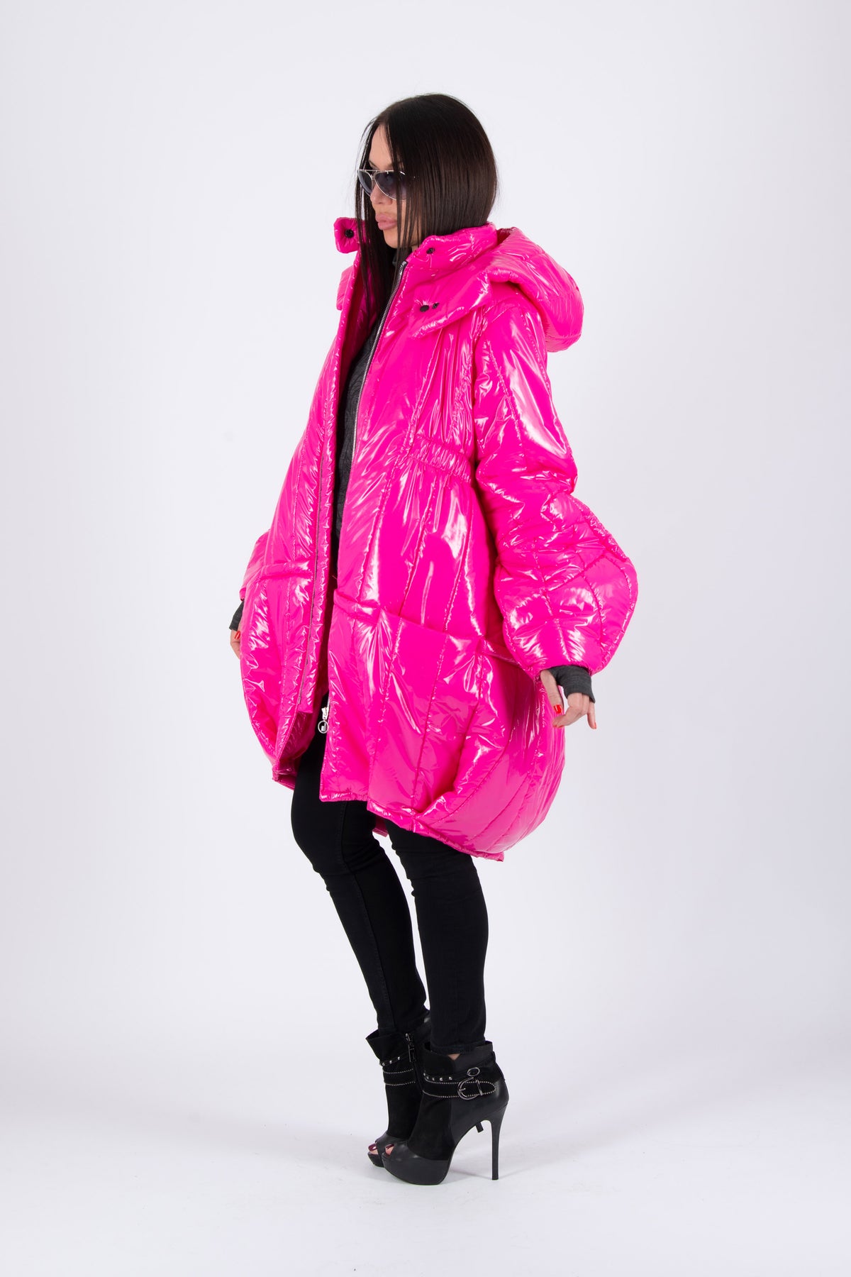 Cyclamen barrel puffer jacket Donna with hood and zip pockets - EUG Fashion #hot-pink
